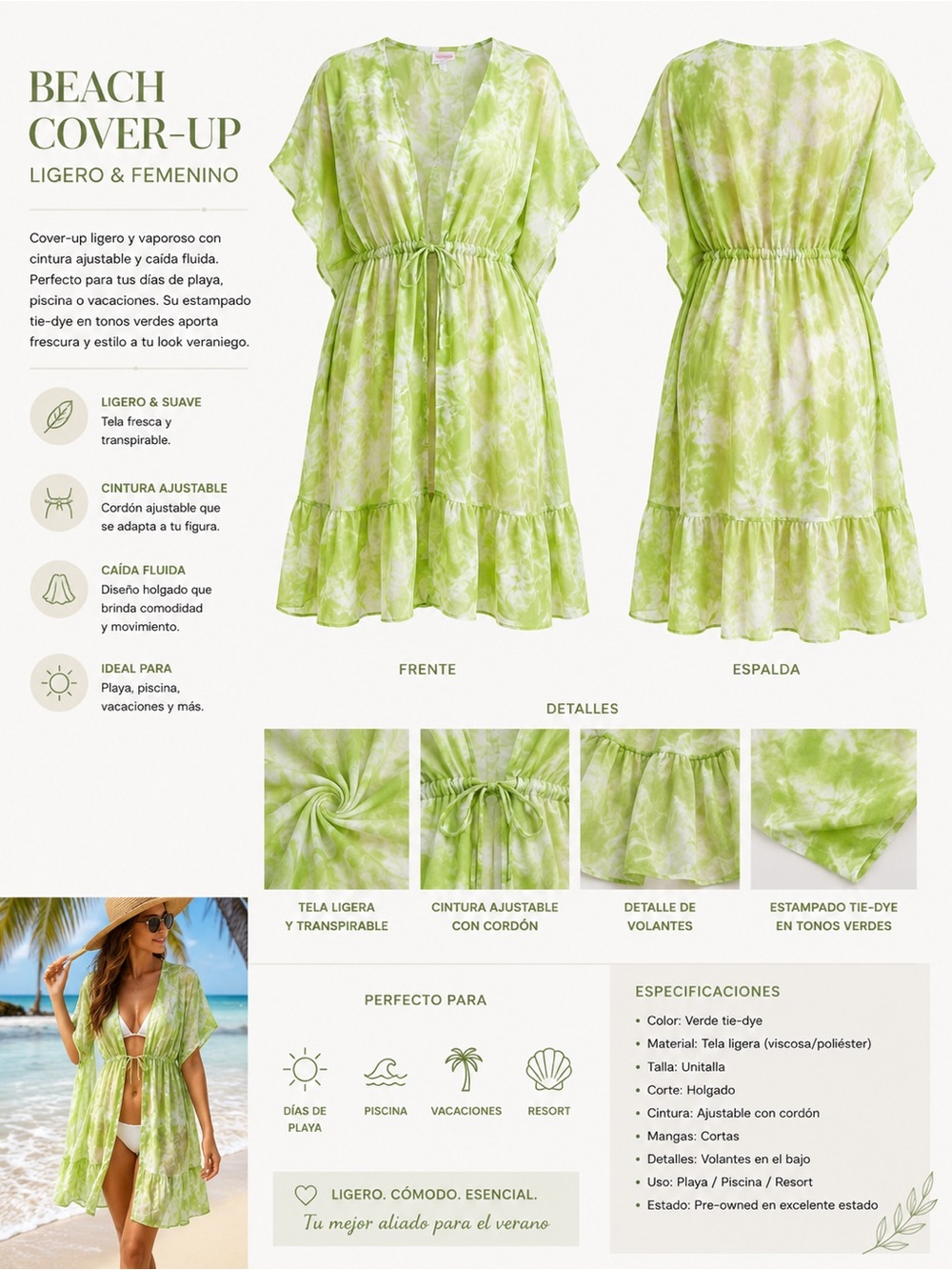 Tie-Dye Green Beach Cover-Up with Adjustable Waist